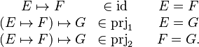 
 \begin{matrix}
 E\mapsto F &\in\id && E = F\\
 (E\mapsto F)\mapsto G &\in\prjone && E = G\\
 (E\mapsto F)\mapsto G &\in\prjtwo && F = G    .
 \end{matrix}
 